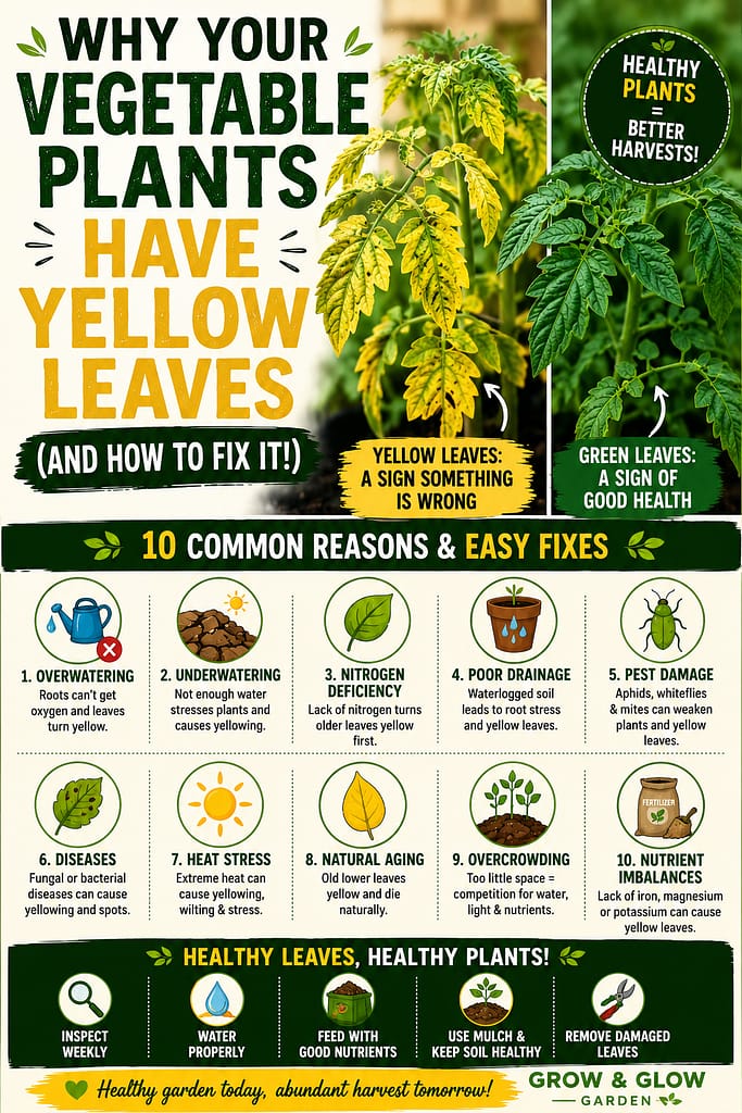 infographic titled "Why Your Vegetable Plants Have Yellow Leaves (And How to Fix It)" showing yellowing vegetable leaves beside healthy green leaves, with illustrations explaining 10 common causes and simple gardening solutions.