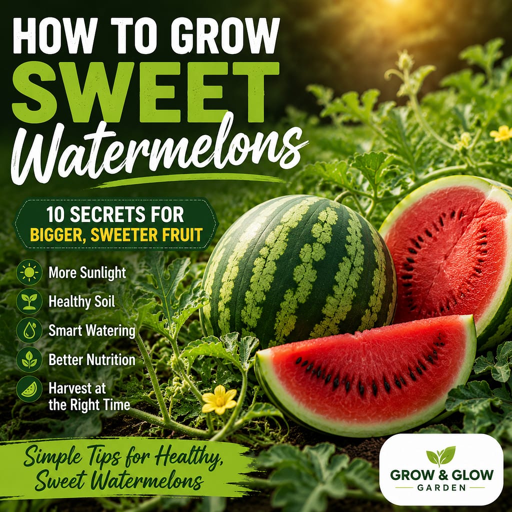 Ripe watermelons growing on healthy vines in a home garden