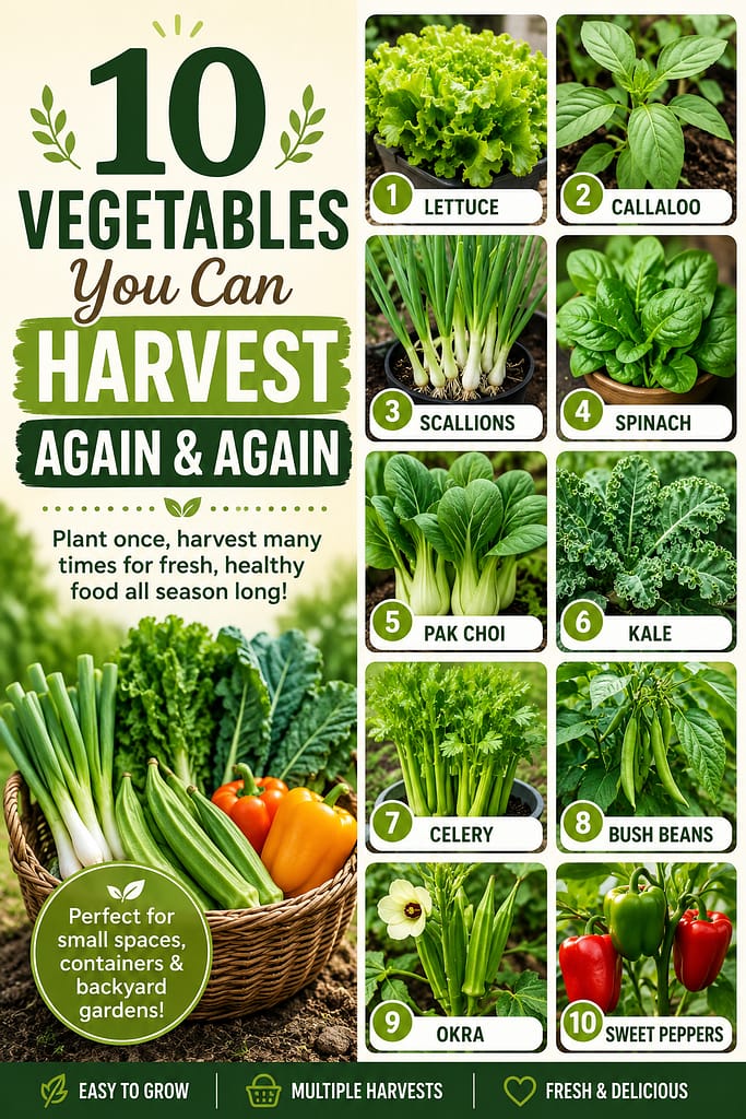 infographic featuring 10 vegetables you can harvest again and again, including lettuce, callaloo, scallions, spinach, pak choi, kale, celery, bush beans, okra, and sweet peppers with bright garden imagery and beginner-friendly harvesting tips.