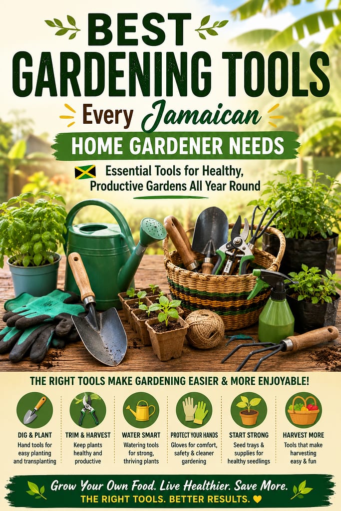 infographic showing the best gardening tools every Jamaican home gardener need, including hand trowels, pruning shears, watering cans, gloves, seed trays, garden forks, and shade cloth for beginner-friendly tropical gardening.