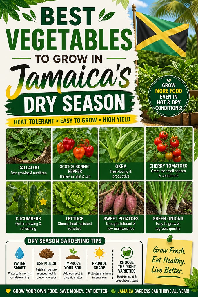Infographic showing the best vegetables to grow in Jamaica’s dry season, including callaloo, scotch bonnet peppers, okra, cherry tomatoes, cucumbers, lettuce, sweet potatoes, and green onions, with dry season gardening tips for hot tropical conditions.