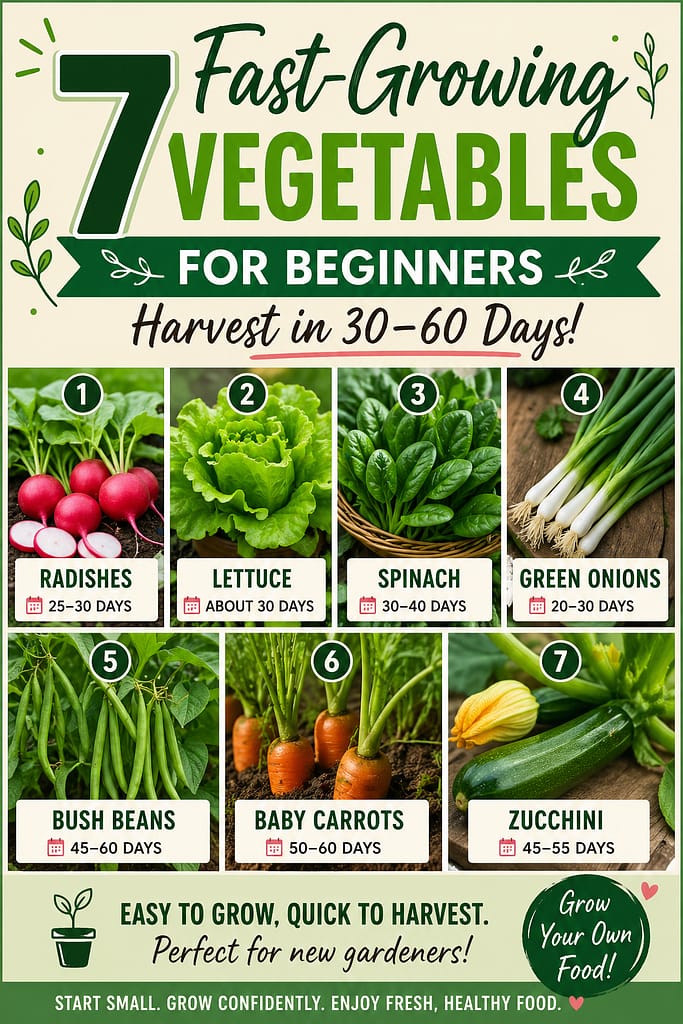 Infographic showing 7 fast-growing vegetables for beginners including radishes, lettuce, spinach, green onions, bush beans, baby carrots, and zucchini with harvest times from 20 to 60 days.