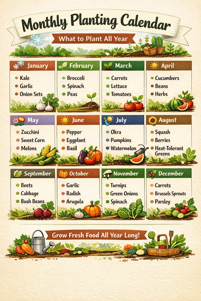 Monthly planting calendar showing what to plant each month for a productive year-round garden