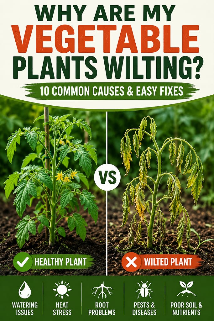 "Why Are My Vegetable Plants Wilting? (And How to Fix It)" showing healthy and wilted vegetable plants side by side with illustrations highlighting common causes such as watering problems, heat stress, pests, root damage, and poor soil conditions.