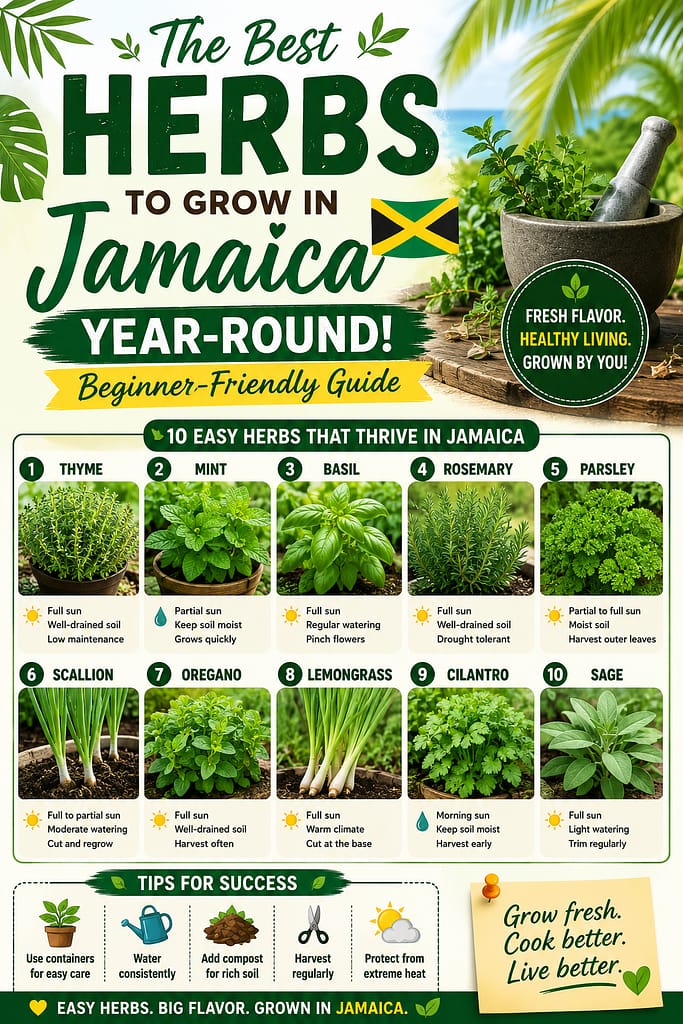 Infographic showing the best herbs to grow in Jamaica year-round including thyme, mint, basil, rosemary, parsley, scallion, oregano, lemongrass, cilantro, and sage with tropical gardening tips for beginners.
