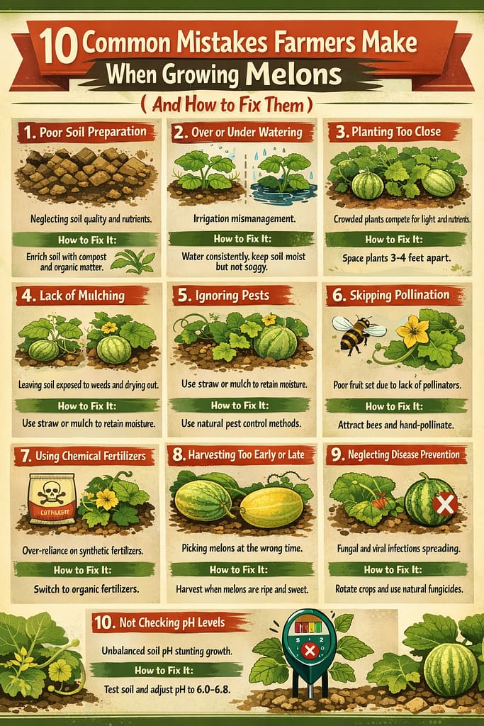 10 common mistakes melons farmers make when growing melon is a clear understanding infographic showing how to fix them step-by-step