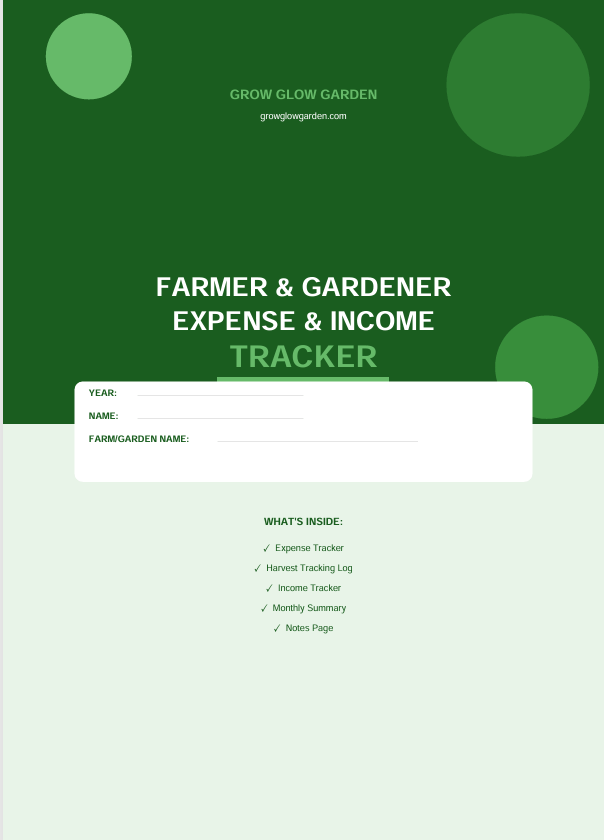 Grow Glow Garden Farmer and Gardener Expense and Income Tracker PDF cover page