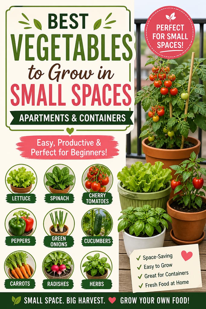 Infographic showing best vegetables to grow in small spaces apartments & containers for beginners including lettuce, spinach, cherry tomatoes, peppers, green onions, cucumbers, carrots, radishes, herbs. 