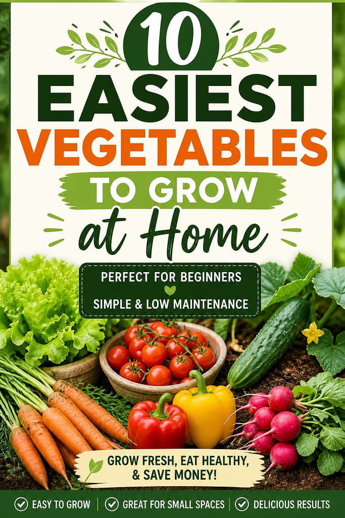 Infographic showing 10 easiest vegetables to grow at home for beginners including lettuce, tomatoes, carrots, cucumbers, and peppers.
