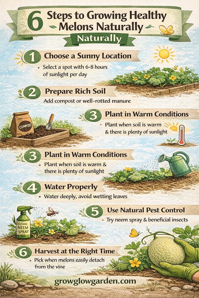 This infographic highlights the 6-step process to growing healthy melons naturally for a productive and healthy growing season.