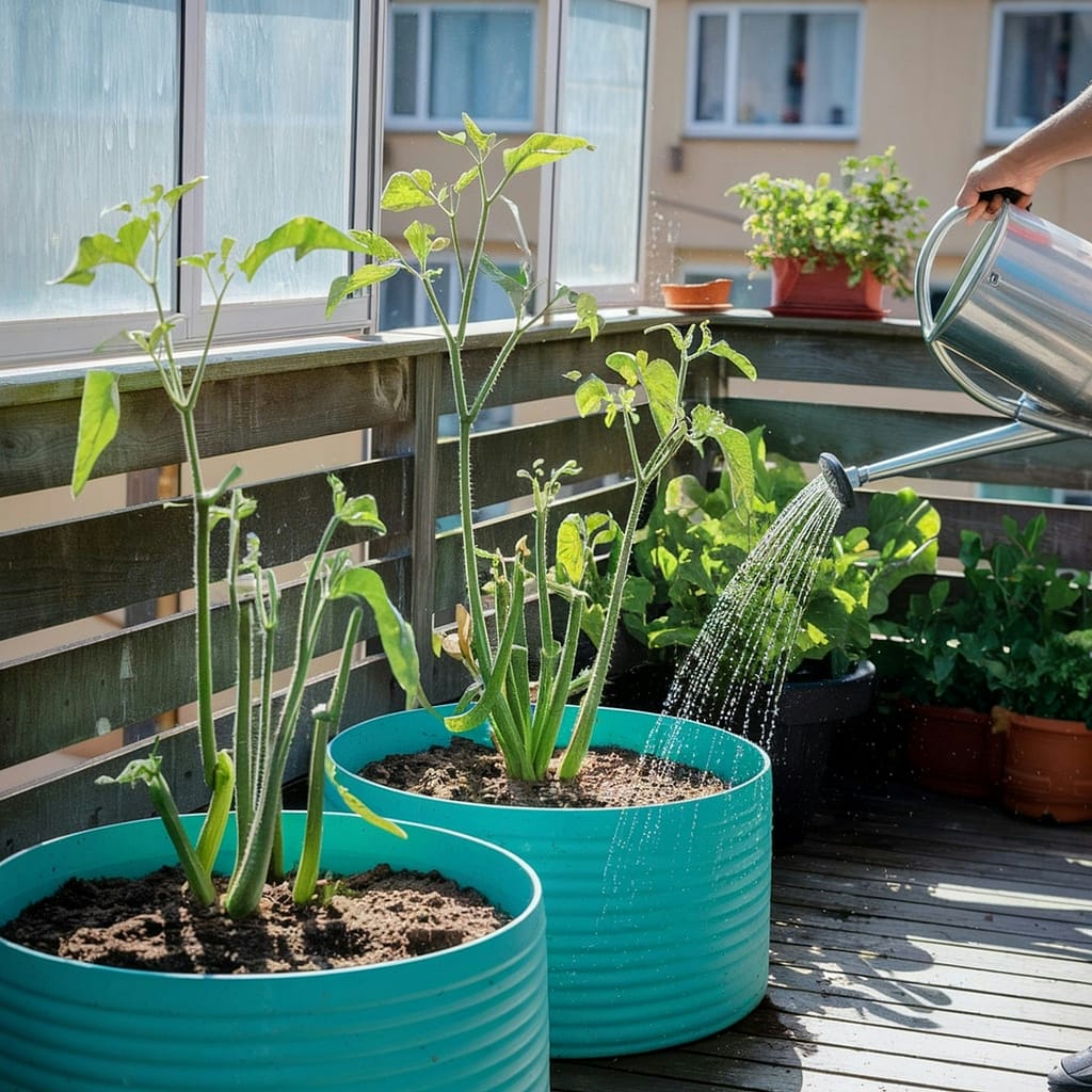 watering vegetable plants growing in containers using a watering can in a garden'