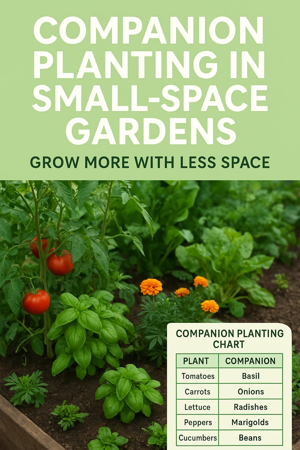 Companion plantingchart showing best plant pairings for small, raised bed garden
