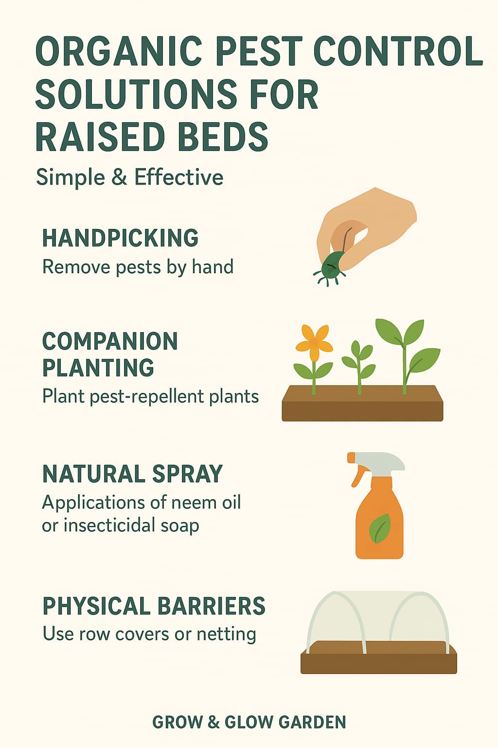 "Infographic showing organic pest control solutions for raised beds, including handpicking pests, companion planting, neem oil spray, and using row-cover barriers.”