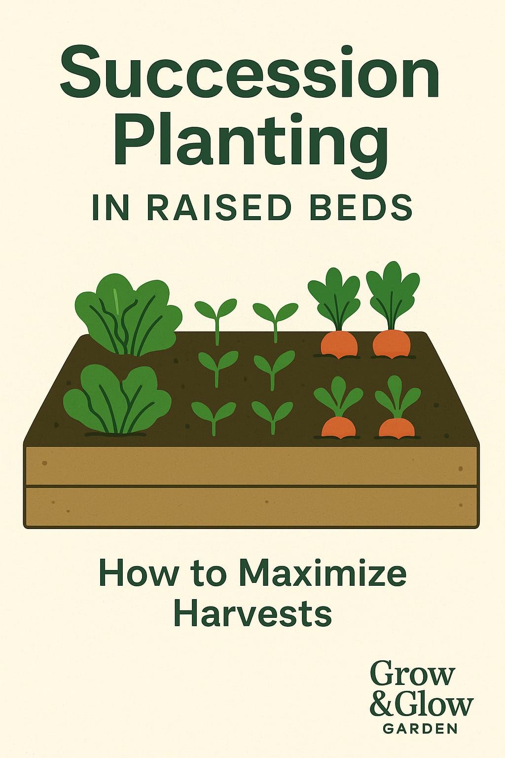 nfographic showing the succession planting timeline and crop rotation steps for raised bed gardens, including fast-maturing vegetables and seasonal planting flow.