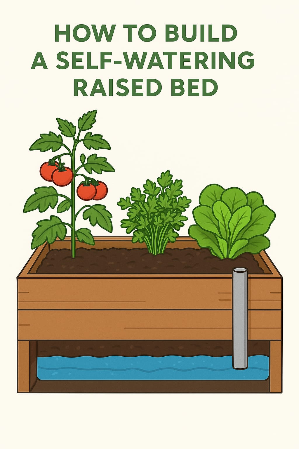 Self-watering raised bed filled with tomatoes, lettuce, basil, and herbs growing in rich soil with a white PVC fill tube.”