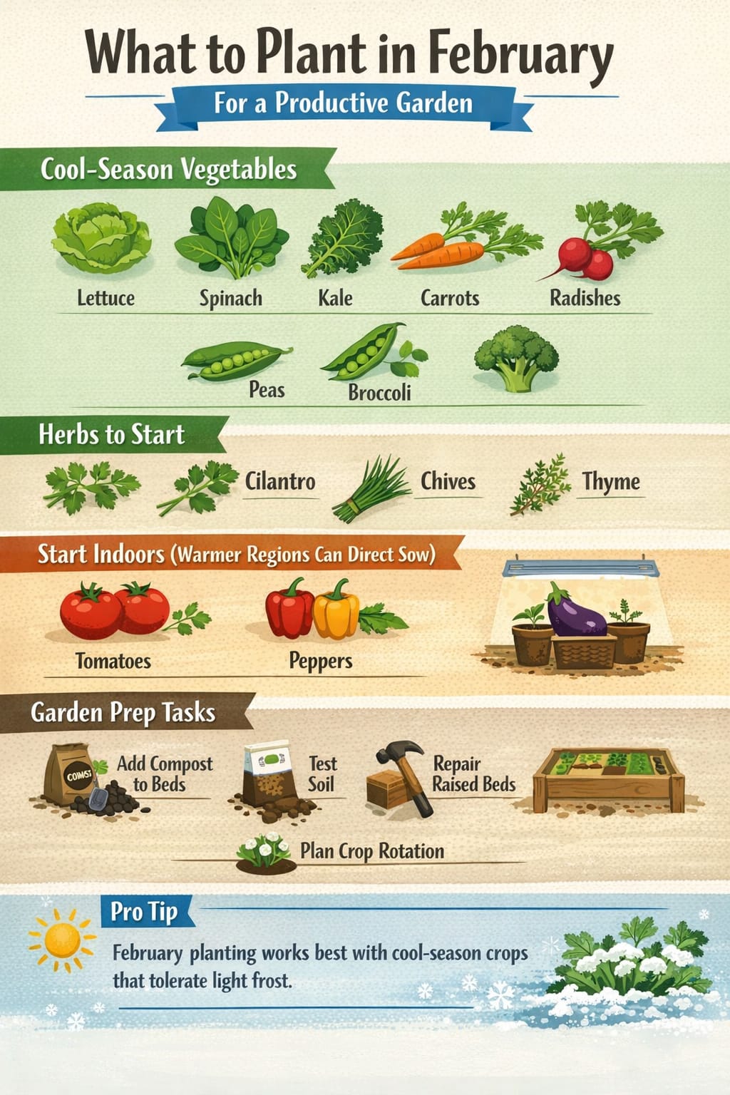 What to plant in February infographic showing cool-season vegetables, herbs, indoor seed starting crops, and garden preparation tasks