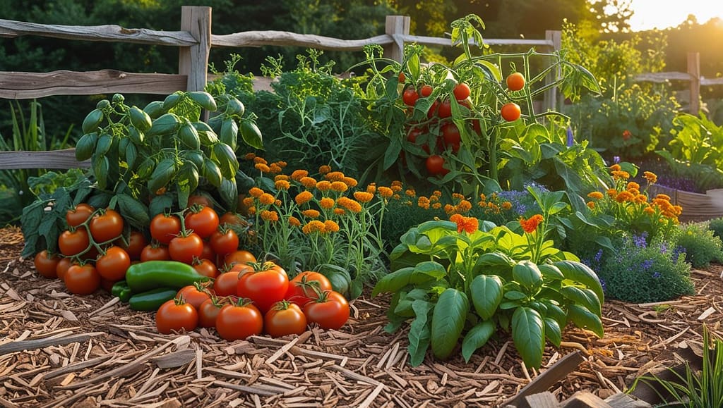 Sustainable vegetable garden with companion planted crops and organic mulch