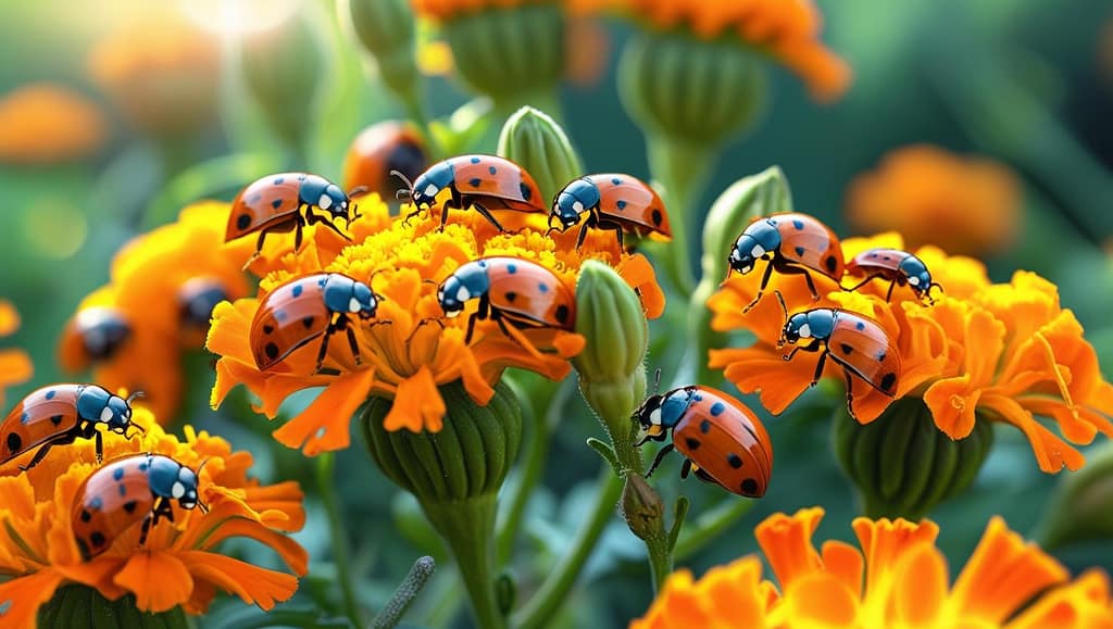 Beneficial ladybugs on marigold flowers demonstrate nature's perfect pest control system