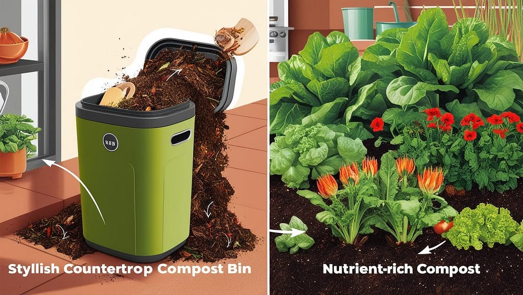 composting bin, nutrient-rich composting soil mix in a raised garden bed, ideal for growing vegetable in small space