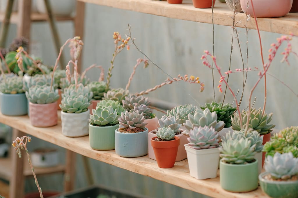 l collection of succulents and tropical houseplants in decorative pots'
