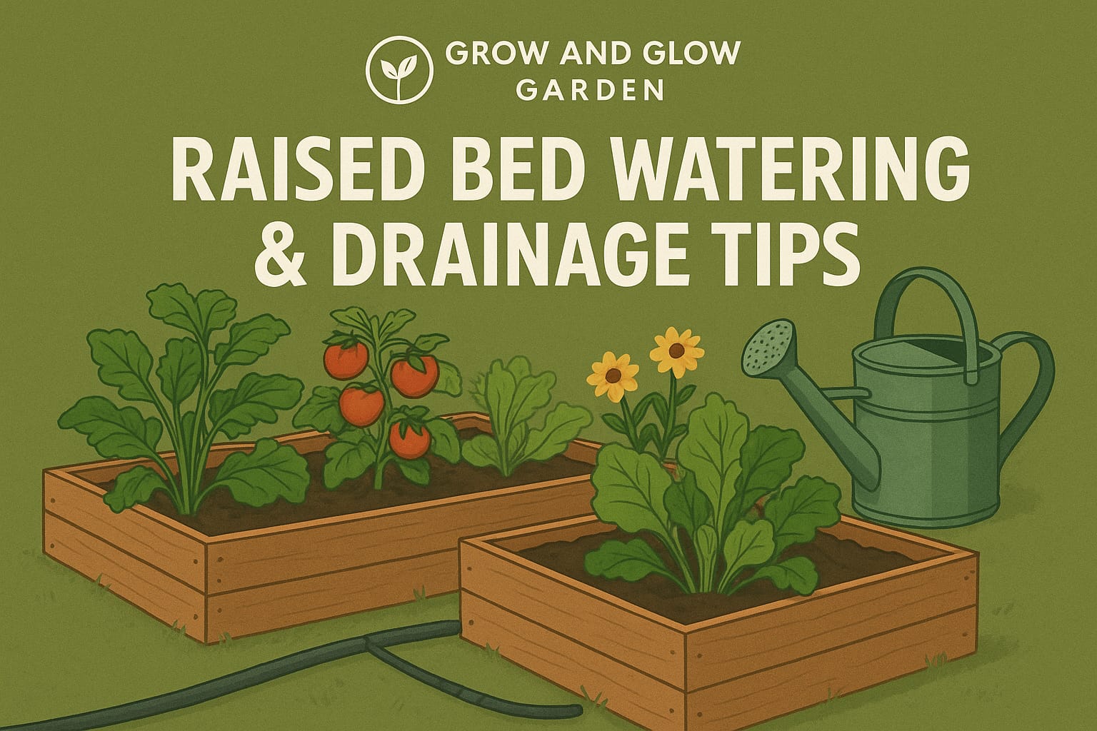 Illustration of raised garden beds with vegetables, flowers, and a watering can,