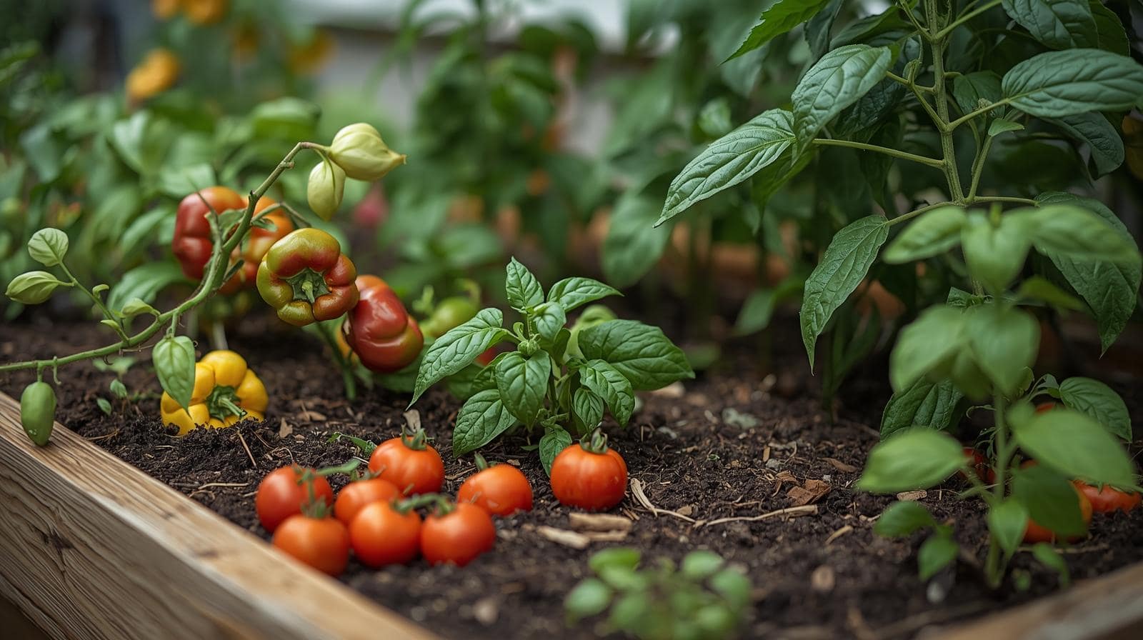 infographic showing common mistakes in small gardening. focus on slightly overgrown raised garden bed featuring plants like wilting peppers, leggy tomato seedling, basil with yellowing leaves, and pole beans struggling to climb. the soil appears dry in patches, and some plants showing signs of pests. the overall aesthetic is educational and slightly cluttered, with a shallow of field to emphasize the gardening errors. the color palette is natural and earthy