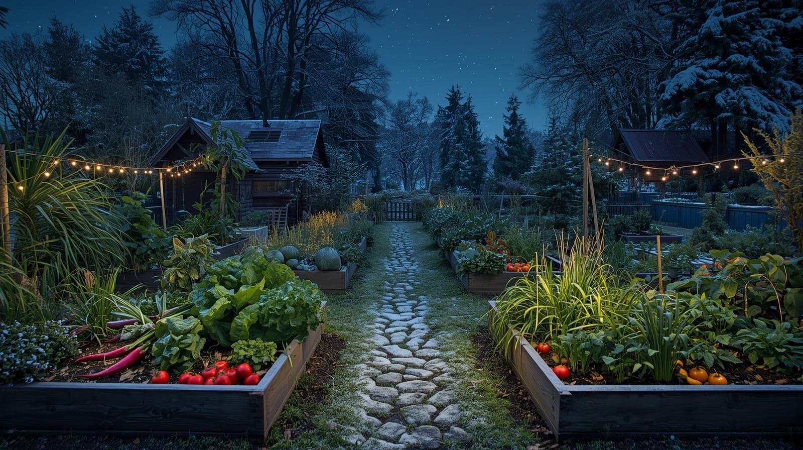 christmas ornaments hanging above vegetable plants in a garden, representing holiday loy and growth