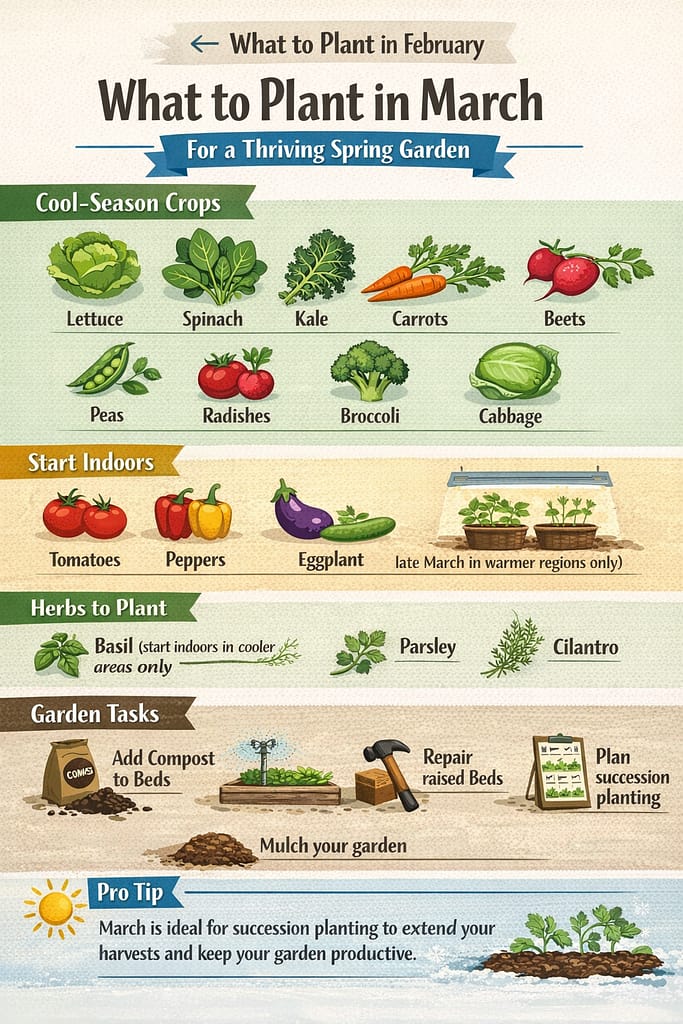 What to plant in March infographic showing vegetables, herbs, and garden tasks for early spring planting.