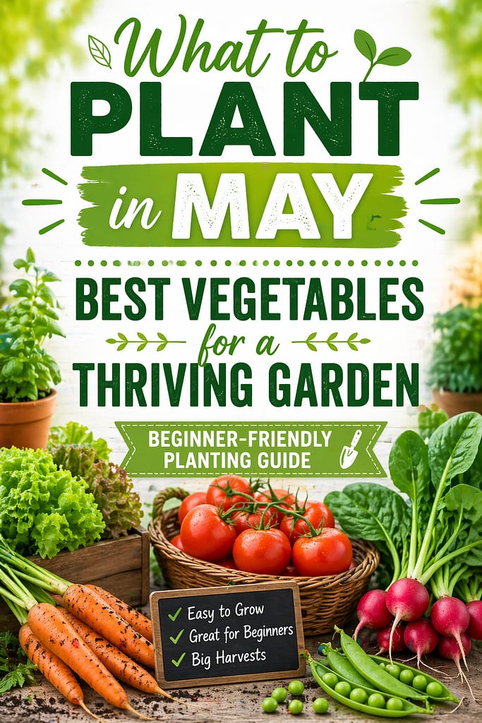What to plant in May infographic showing best vegetables like tomatoes, carrots, lettuce, and radishes for a thriving beginner garden