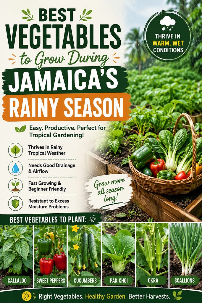 infographic showing vegetables that grow well during Jamaica’s rainy season, including callaloo, sweet peppers, cucumbers, pak choi, okra, and scallions in a tropical backyard garden with raised beds and rainy weather conditions.