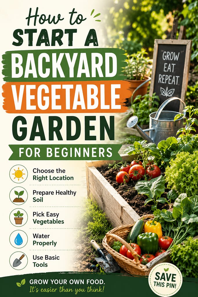 infographic showing a beginner-friendly backyard vegetable garden with raised beds, fresh vegetables, gardening tools, and simple tips for starting a home vegetable garden successfully.