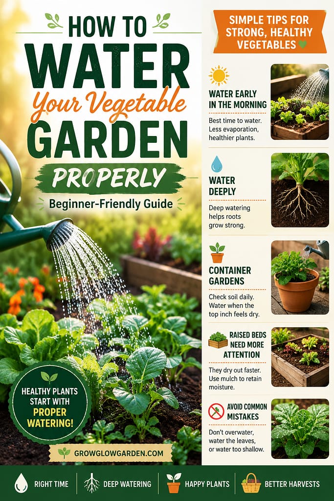 Infographic showing how to water a vegetable garden properly with beginner-friendly watering tips, including best watering times, signs of overwatering and underwatering, container garden care, raised bed watering, and mulching techniques.