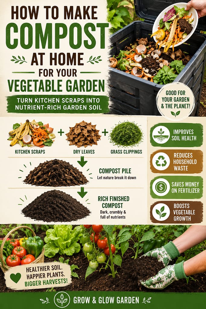 How to Make Compost at Home for Your Vegetable Garden" showing kitchen scraps, dry leaves, and garden waste being transformed into nutrient-rich compost used to grow healthy vegetables.