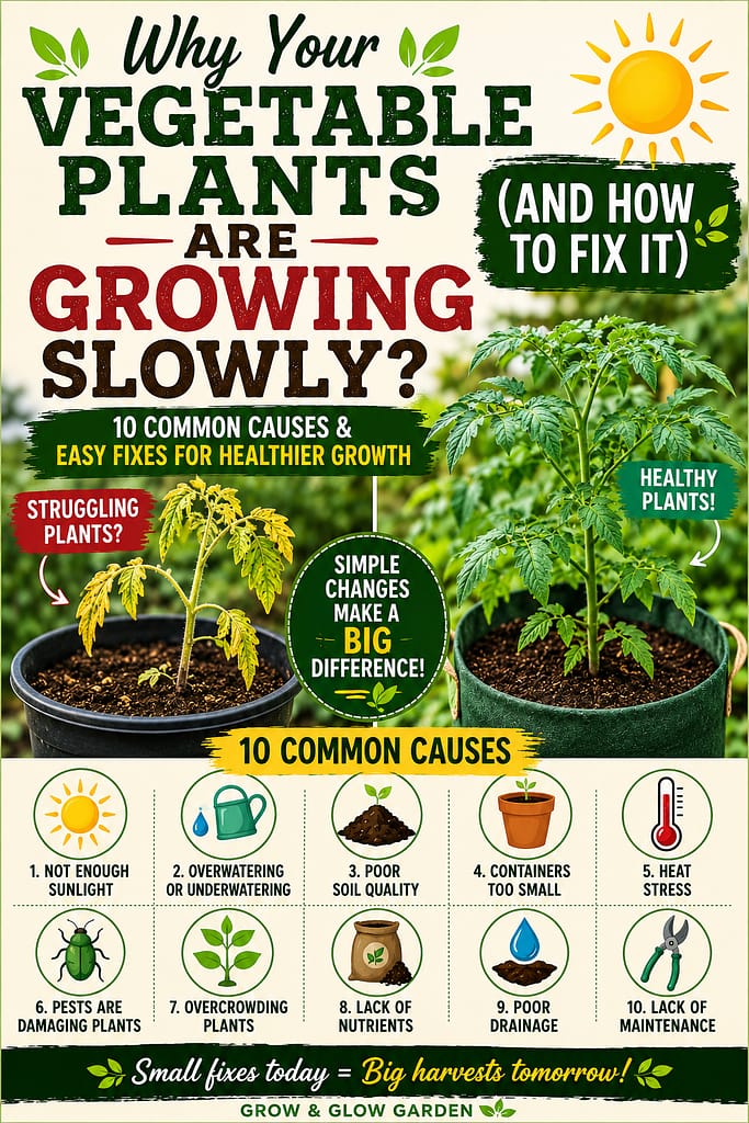 infographic showing "Why your Vegetable Plants Growing Slowly?" featuring healthy and struggling vegetable plants alongside gardening icons representing sunlight, watering, soil health, pest control, and plant care tips for beginner gardeners.