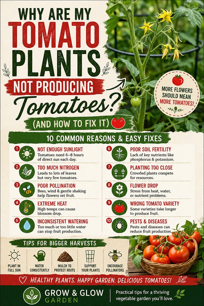 "Why Are My Tomato Plants Not Producing Tomatoes? (And How to Fix It)" featuring a flowering tomato plant, common causes of poor fruit production, practical gardening tips, and ripe tomatoes illustrating solutions for a healthier harvest.