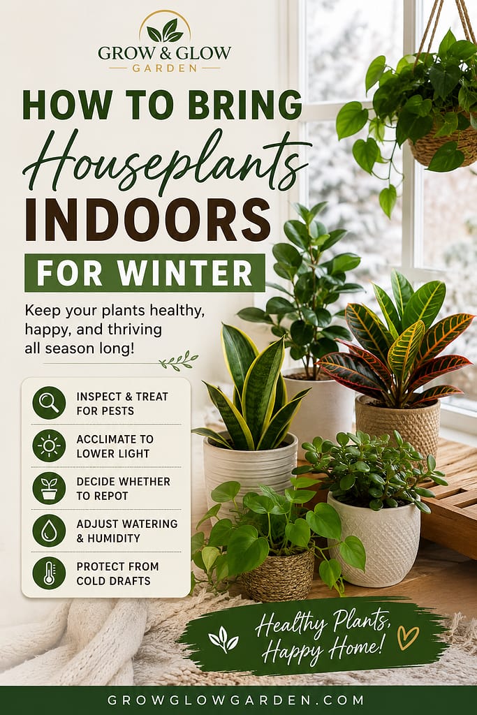 How to bring houseplants indoors for winter, including pest inspection, acclimating plants to lower light, repotting, adjusting watering and humidity, and protecting plants from cold drafts.