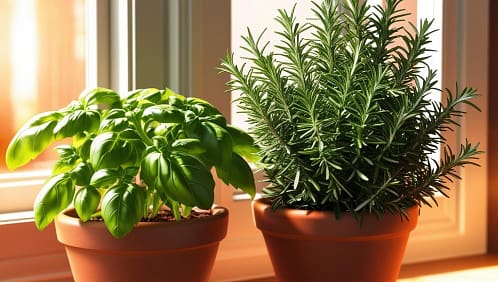 Basil and Rosemary in pots indoors