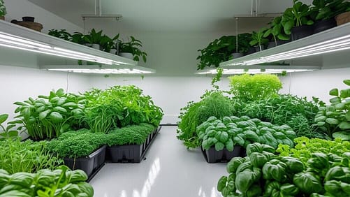 herb plants growing indoor under garden lighting
