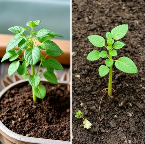 Healthy plant in proper potting mix on left,  struggling plant in garden soil on right 