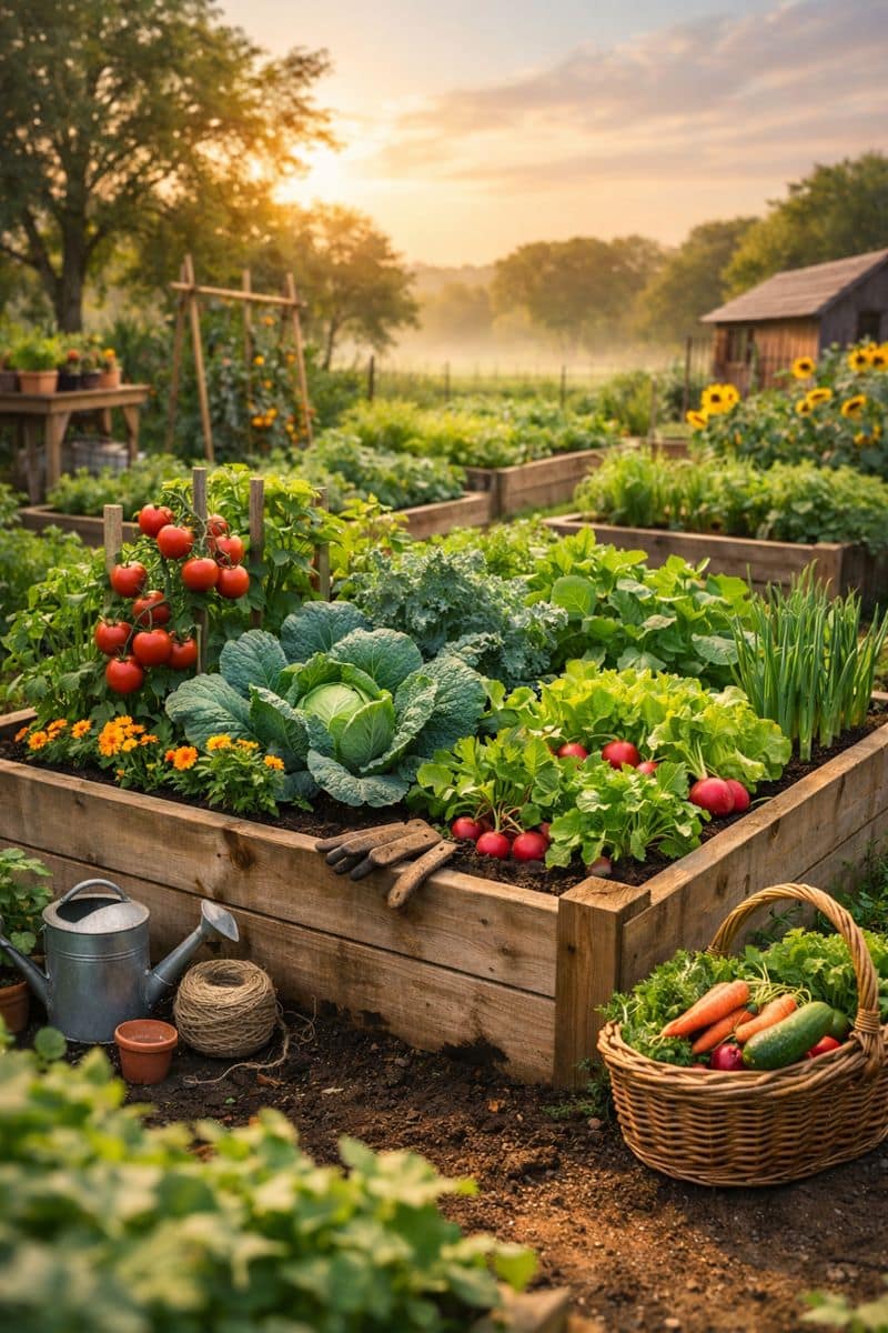 Lush raised garden beds prepared for the next growing season with healthy soil and thriving plants