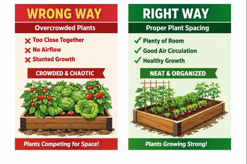 How to space plants in raised beds showing overcrowded plants versus properly spaced plants for healthy growth