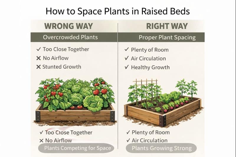 Infographic showing overcrowded versus properly spaced plants in a raised bed garden