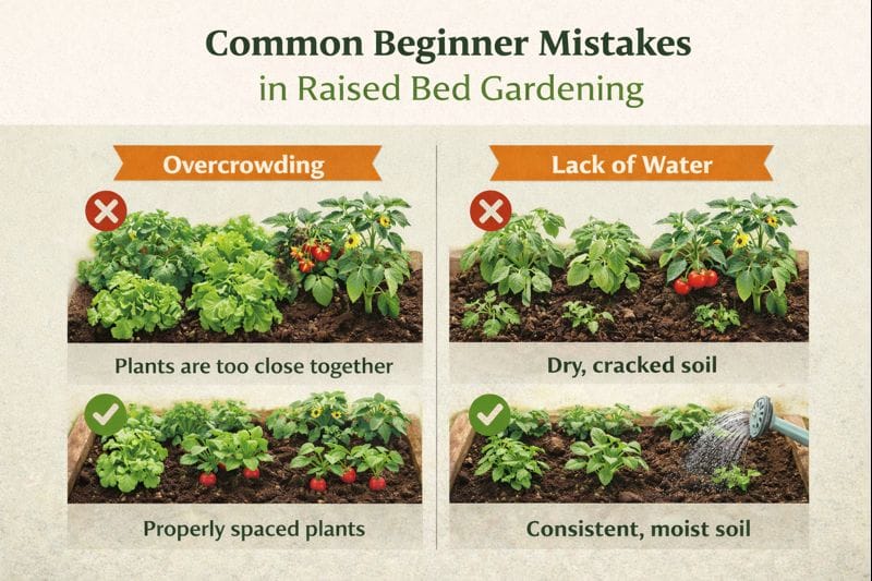 Raised bed gardening infographic showing common beginner mistakes and helpful planting tips