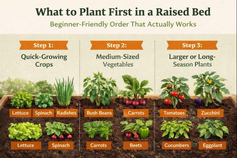 A clean, beginner-friendly infographic illustrating what to plant first in a raised bed, featuring leafy greens, root vegetables, and herbs arranged in an easy-to-follow planting sequence. Infographic showing the correct order for planting leafy greens, root vegetables, and herbs in a raised bed for beginners.